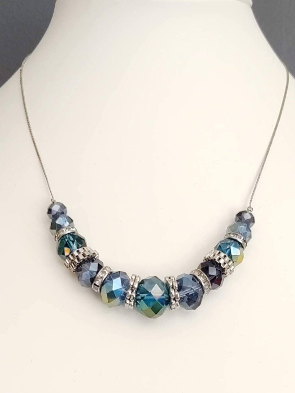 Blue crystal, clear cz w/silver detail necklace